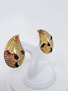 Gold Tone Abstract Paisley Inspired Enamel Statement Earrings Multicolor Vintage